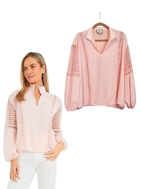 Tuckernuck Jane Pink Salt Lace Blouson Sleeve Relaxed Boho Coastal Blouse XXL